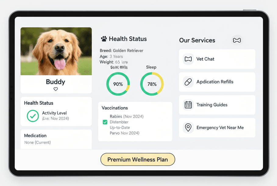 Happy dog with AI health monitoring